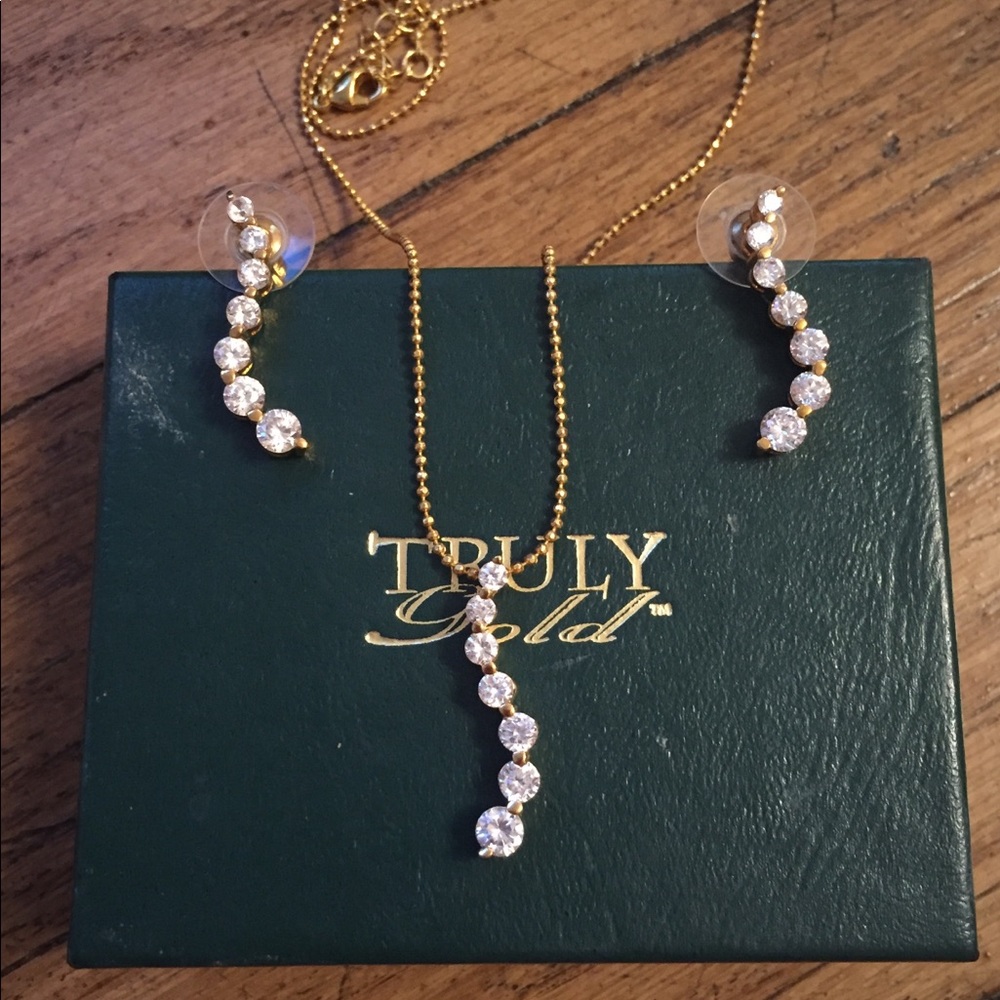 Landau 7 stone gold necklace and earring set